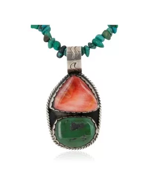 Vintage Style .925 Sterling Silver Handmade Certified Authentic Navajo Turquoise Spiny Oyster Native American Necklace 740109-15875-16