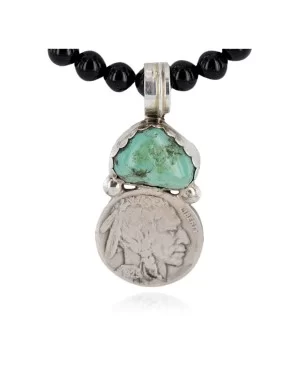 Vintage Style Buffalo Nickel .925 Sterling Silver Certified Authentic Navajo Natural Black Onyx Turquoise Native American Necklace 740105-5-102247