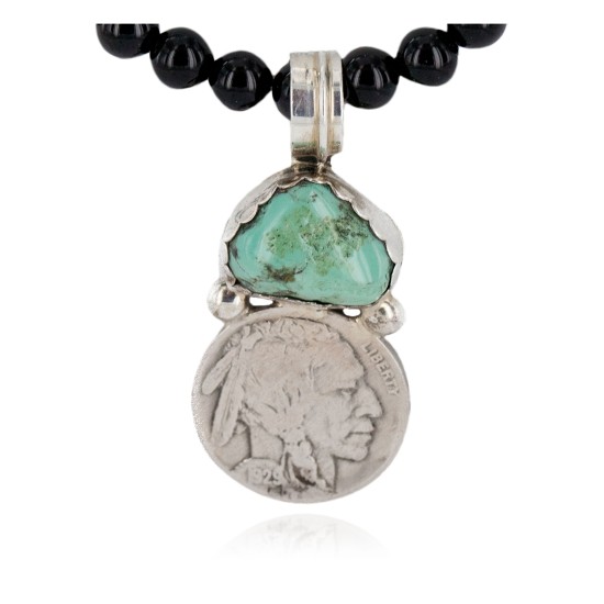 Vintage Style Buffalo Nickel .925 Sterling Silver Certified Authentic Navajo Natural Black Onyx Turquoise Native American Necklace 740105-5-102247