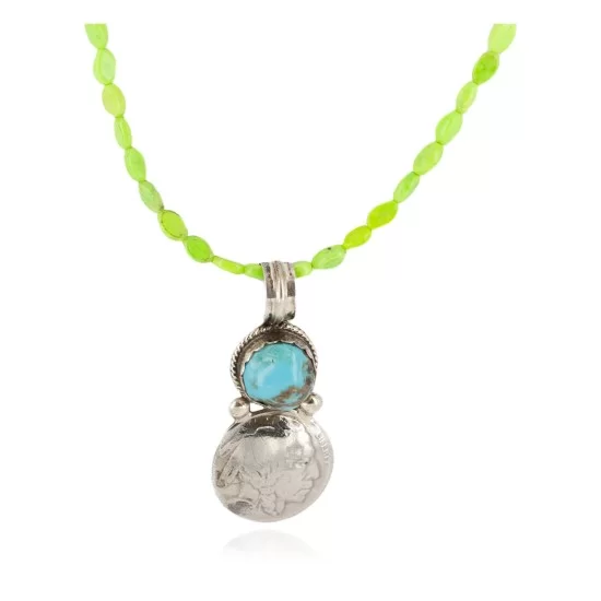 Vintage Style Buffalo Nickel .925 Sterling Silver Certified Authentic Navajo Natural Turquoise Gaspeite Native American Necklace 14343-40-1570