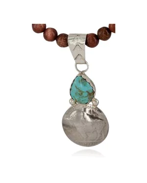 Vintage Style Buffalo Nickel .925 Sterling Silver Handmade Certified Authentic Navajo Natural Turquoise Goldstone Native American Necklace 24412-1-16076-9