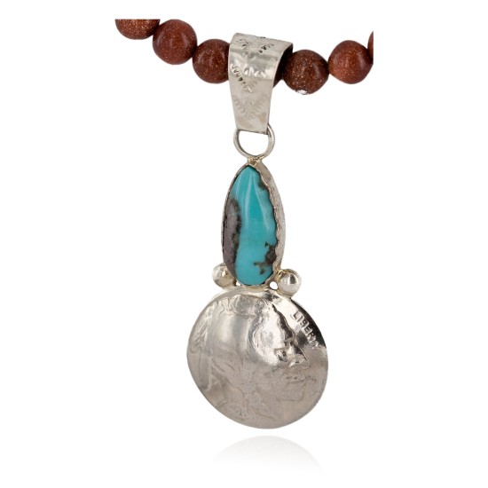 Vintage Style Buffalo Nickel and .925 Sterling Silver Handmade Certified Authentic Navajo Natural Turquoise Goldstone Native American Necklace 24412-2-16076-8 Vintage Style Buffalo Nickel and .925 Sterling Silver Handmade Certified Authentic Navajo Natural Turquoise Goldstone Native American Necklace 24412-2-16076-8
