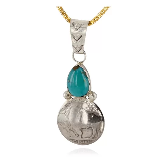 Vintage Style Buffalo Nickel and .925 Sterling Silver Handmade Certified Authentic Navajo Natural Turquoise Native American Necklace 24412-3 Vintage Style Buffalo Nickel and .925 Sterling Silver Handmade Certified Authentic Navajo Natural Turquoise Native American Necklace 24412-3