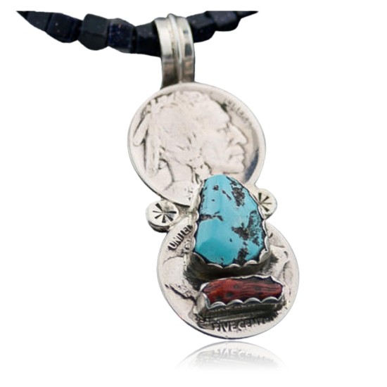Vintage Style OLD Buffalo Coin Certified Authentic Navajo .925 Sterling Silver Coral and Turquoise Native American Necklace 370883693427