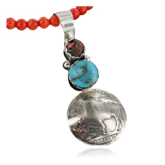 Vintage Style OLD Buffalo Coin Certified Authentic Navajo .925 Sterling Silver Coral and Turquoise Native American Necklace 370966237675