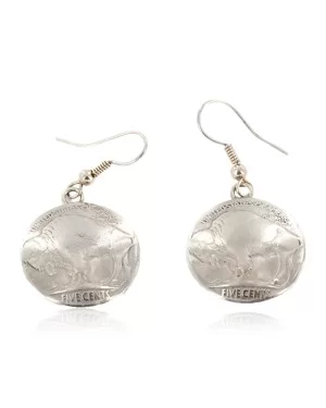 Vintage Style OLD Buffalo Coin Certified Authentic Navajo .925 Sterling Silver Dangle Native American Earrings 18045