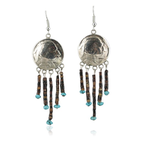 Vintage Style OLD Buffalo Coin Certified Authentic Navajo .925 Sterling Silver Heishi Turquoise Native American Earrings 370917605193
