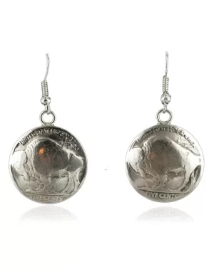 Vintage Style OLD Buffalo Coin Certified Authentic Navajo .925 Sterling Silver Hooks Native American Earrings 370922010515