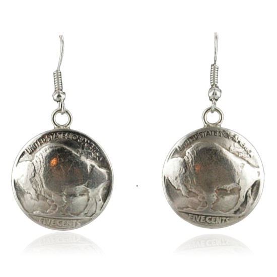 Vintage Style OLD Buffalo Coin Certified Authentic Navajo .925 Sterling Silver Hooks Native American Earrings 370922010515