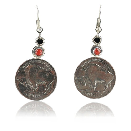 Vintage Style OLD Buffalo Coin Certified Authentic Navajo .925 Sterling Silver Natural Coral Native American Earrings 370918221662