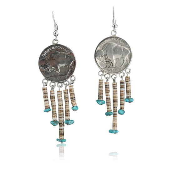 Vintage Style OLD Buffalo Coin Certified Authentic Navajo .925 Sterling Silver Spiny Oyster and Turquoise Native American Earrings 390679171533