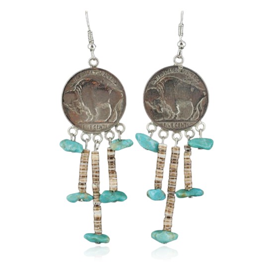 Vintage Style OLD Buffalo Coin Certified Authentic Navajo .925 Sterling Silver Turquoise Native American Earrings 390686994065