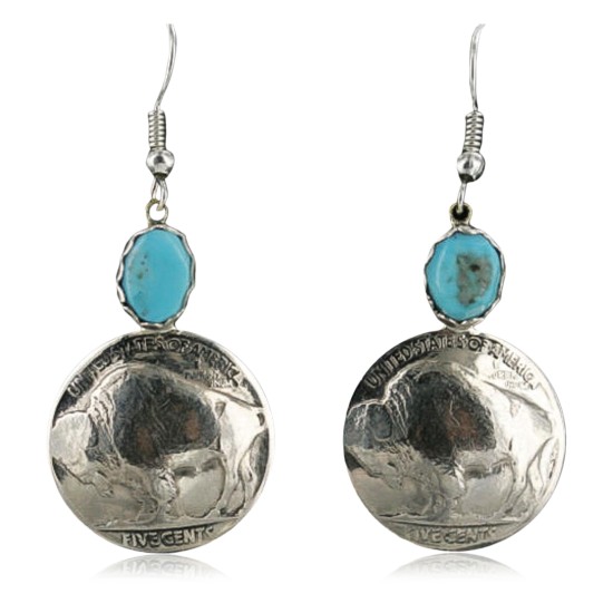 Vintage Style OLD Buffalo Coin Certified Authentic Navajo .925 Sterling Silver Turquoise Native American Earrings 390752882596