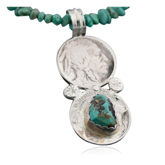 Vintage Style OLD Buffalo Coin Certified Authentic Navajo .925 Sterling Silver Turquoise Native American Necklace 370875966429