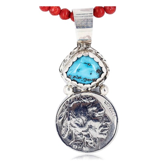 Vintage Style OLD Buffalo Coin Certified Authentic Navajo .925 Sterling Silver Turquoise Native American Necklace 371041129239