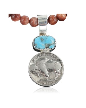 Vintage Style OLD Buffalo Coin Certified Authentic Navajo .925 Sterling Silver Turquoise Native American Necklace 390682426338