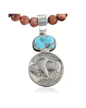 Vintage Style OLD Buffalo Coin Certified Authentic Navajo .925 Sterling Silver Turquoise Native American Necklace 390682426338