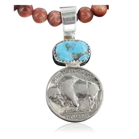 Vintage Style OLD Buffalo Coin Certified Authentic Navajo .925 Sterling Silver Turquoise Native American Necklace 390682426338