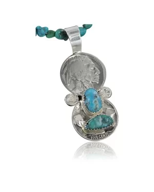 Vintage Style OLD Buffalo Coin Certified Authentic Navajo .925 Sterling Silver Turquoise Native American Necklace 390683666731