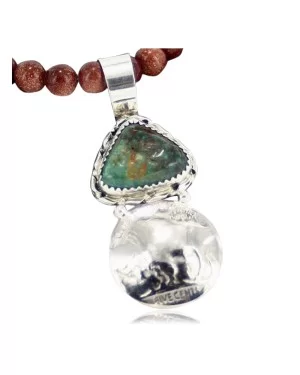 Vintage Style OLD Buffalo Coin Certified Authentic Navajo .925 Sterling Silver Turquoise Native American Necklace 390717283490