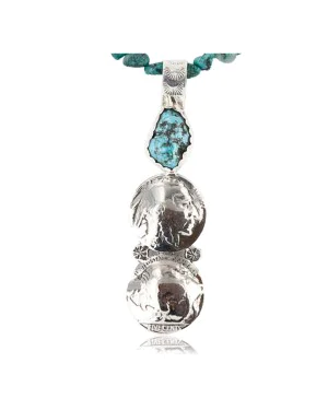 Vintage Style OLD Buffalo Coin Certified Authentic Navajo .925 Sterling Silver Turquoise Native American Necklace 390757764717
