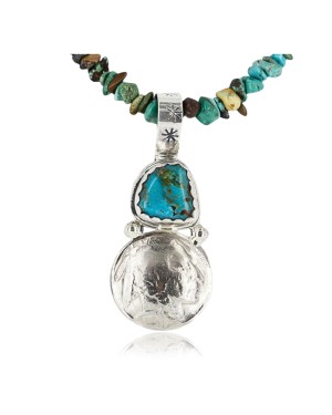 Vintage Style OLD Buffalo Coin Certified Authentic Navajo .925 Sterling Silver Turquoise Native American Necklace 390837024782