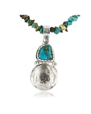 Vintage Style OLD Buffalo Coin Certified Authentic Navajo .925 Sterling Silver Turquoise Native American Necklace 390837024782