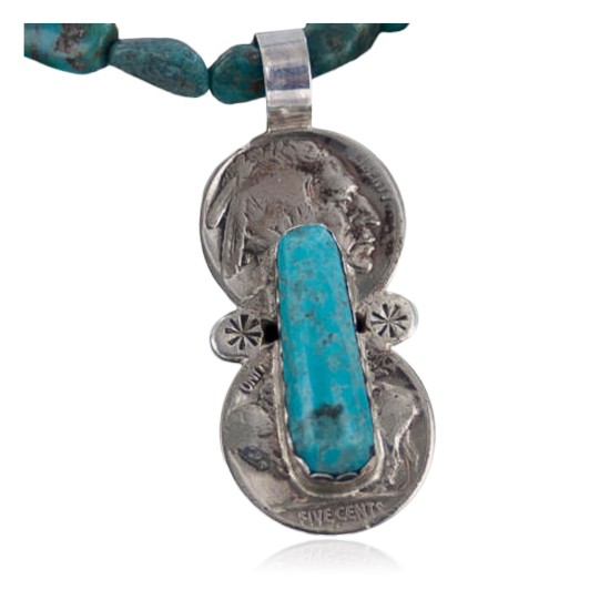 Vintage Style OLD Buffalo Nickel Certified Authentic Navajo .925 Sterling Silver Turquoise Native American Necklace 370890066559