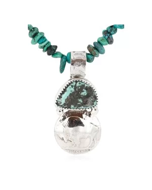 Vintage Style OLD Buffalo Nickel Certified Authentic Navajo .925 Sterling Silver Turquoise Native American Necklace 390832582382