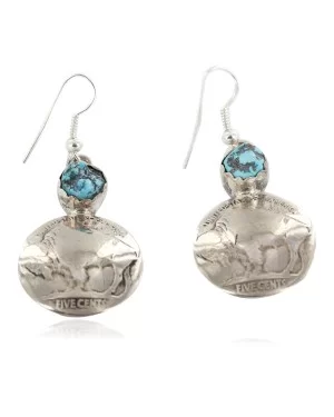 Vintage Style OLD Buffalo Nickel Coin Certified Authentic Navajo .925 Sterling Silver Natural Turquoise Dangle Earrings 18144