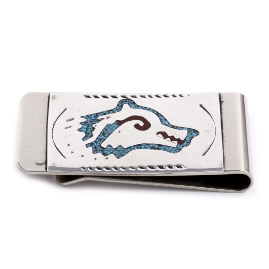 Wolf Head .925 Sterling Silver Certified Authentic Handmade Navajo Native American Natural Turquoise Coral Money Clip 11253-14